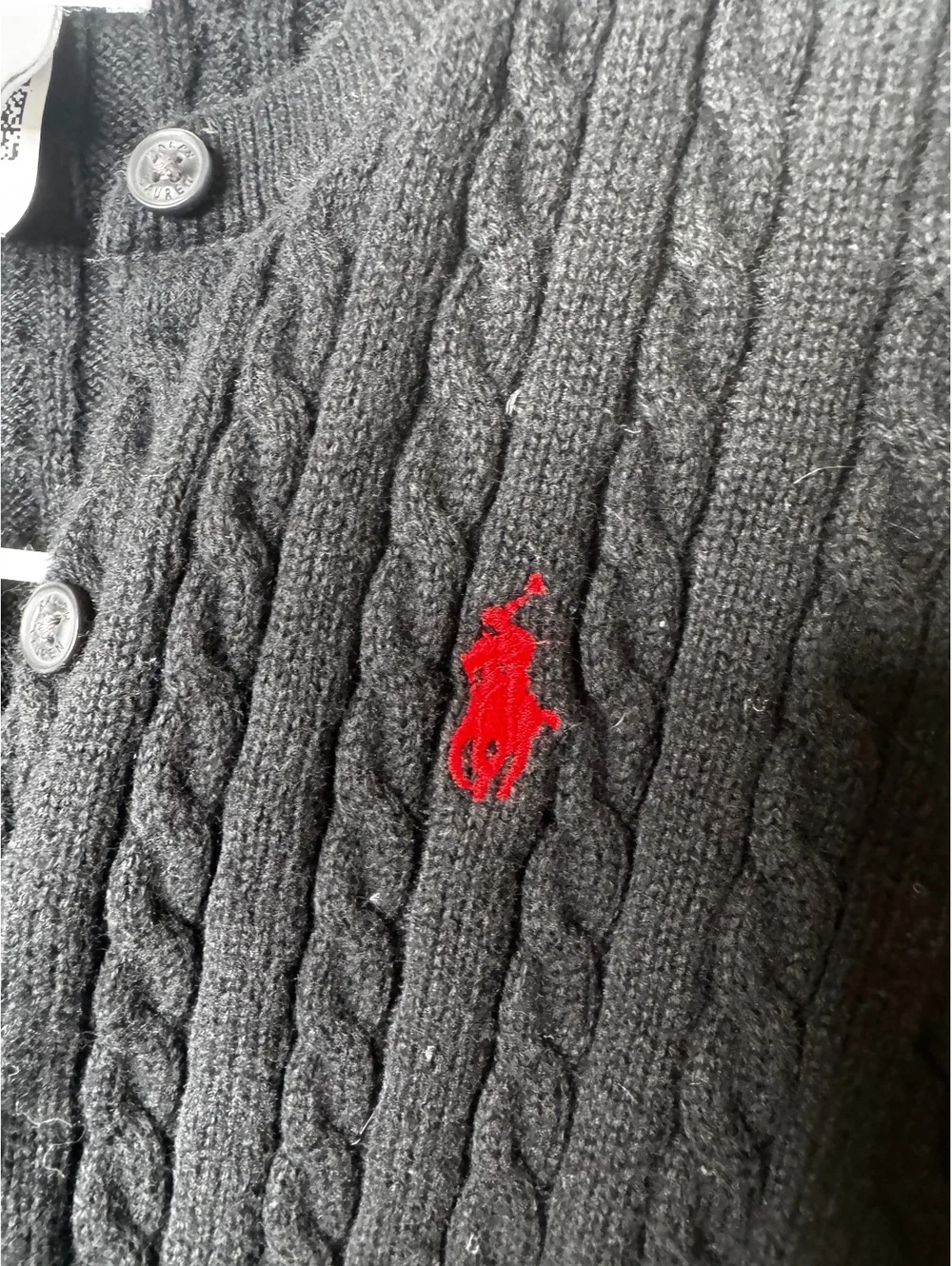 Ralph Lauren Unisex Baby 18M Black Cotton Cable Knit Cardigan Red Pony